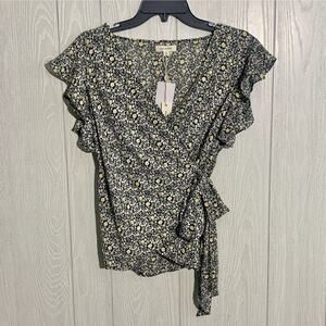 Max Studio Black Yellow Floral Wrap Top Size Small NWT